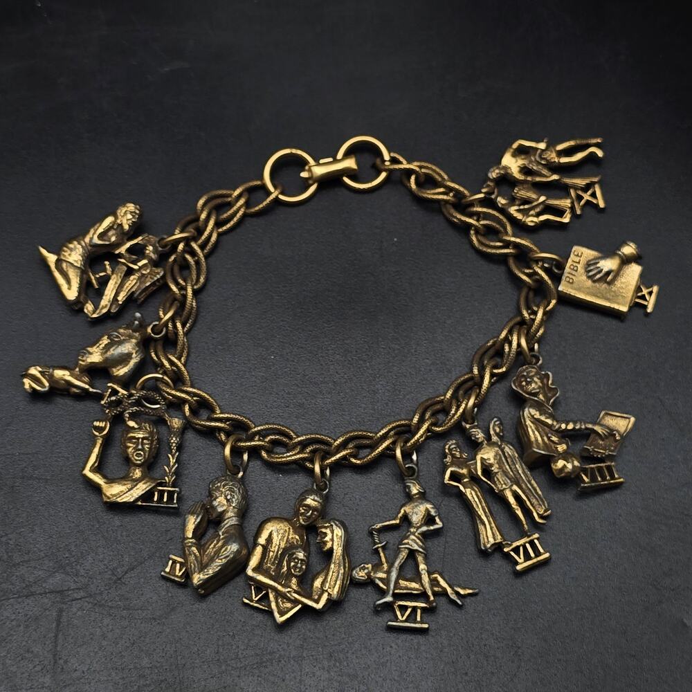 Coro Ten Commandments Charm Bracelet Gold Tone Vintage Religious Jewelry